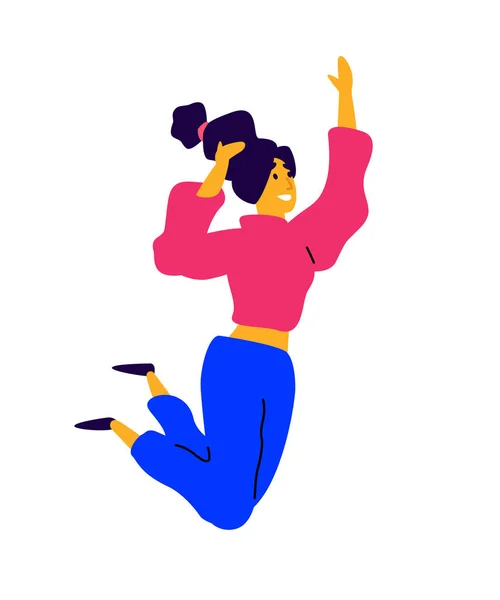 Chica Bailando Alegre Suéter Rosa Pantalones Azules Vector Ilustración Una — Vector de stock