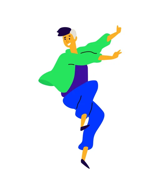 陽気な正男 ベクトル 若い男のダンスのイラスト ダンス スタジオの文字 フラット スタイル 会社のロゴ 運動は 人生です — ストックベクタ