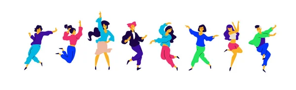 Grupo Chicas Chicos Felices Están Bailando Vector Ilustraciones Hombres Mujeres — Archivo Imágenes Vectoriales