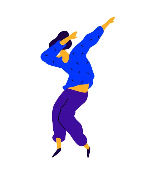 穿着蓝色运动衫的快乐的家伙 一个跳舞的年轻人的插图 互联网模子 舞蹈工作室的角色 扁平的风格 公司徽标 积极快乐的人 — 图库矢量图片