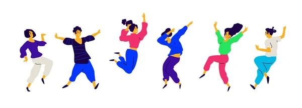 跳舞和有趣的人 积极的情绪 男性和女性的图解 扁平的风格 一群快乐快乐的青少年 形状在白色背景上被隔离 有趣的姿势 — 图库矢量图片
