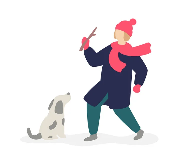 Иллюстрация Девушки Играющей Домашней Собакой Улице Вектор Плоский Стиль Девушка — стоковый вектор