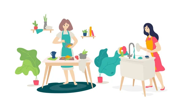 Ilustração Meninas Cozinha Vector Estilo Plano Esposa Prepara Casa Cursos — Vetor de Stock