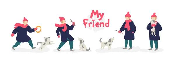 강아지와 여자의 그림입니다 벡터입니다 코트와 노숙자 스타일입니다 친구의 로고입니다 동물의 — 스톡 벡터