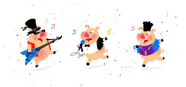 Üç neşeli domuz müzisyenler Illustration. Vektör. Düz stil. Domuz rock müzisyeni, domuz pop şarkıcısı. Şeker ve tatil. Karaoke ve dükkanı için karakter. Önde gelen corparatives.