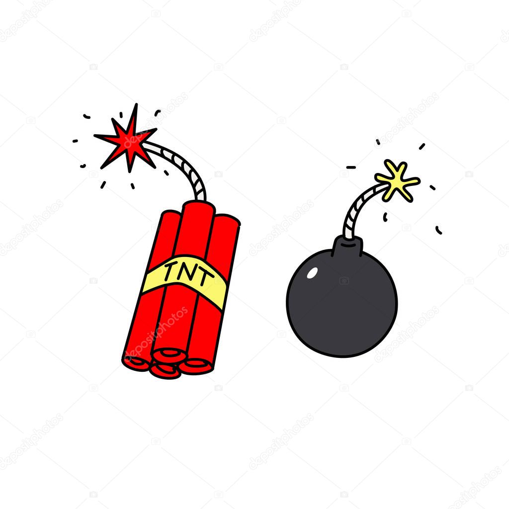 Explosives icons. Vector. Weapons of terrorists. Cartoon style. Bomb and dynamite.