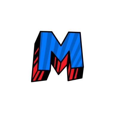 Logo, mektup M. vektör. Doğrusal, anahat simgesi. Hacimsel mark, 3d. Renk büyük harf. Resimde desenli. Beyaz arka plan üzerinde sembolü. Karikatür tarzı. Sirk görüntüsünü.