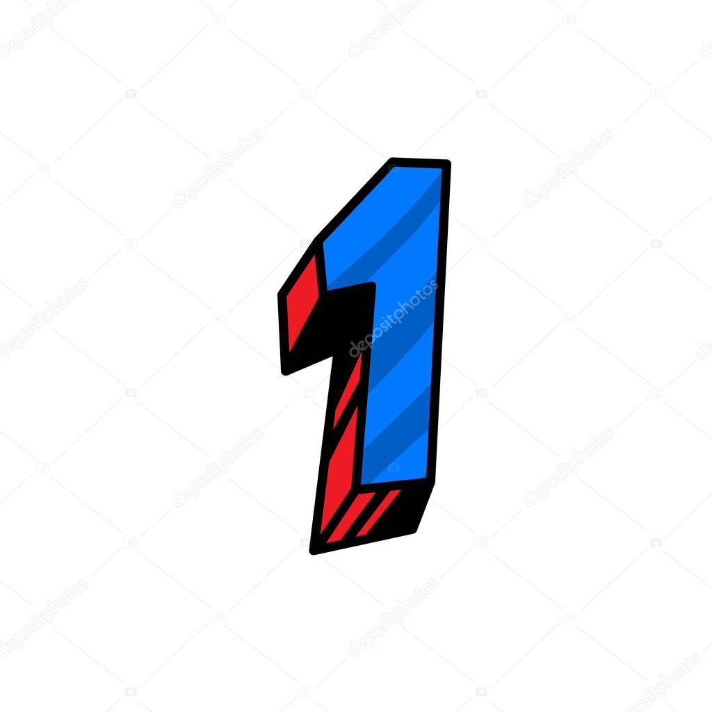Figure 1 in cartoon style. Vector. Dark blue linear, contour figures with blue fill. Bright thick Arabic numerals. Bulk numbers. Patterned fill.