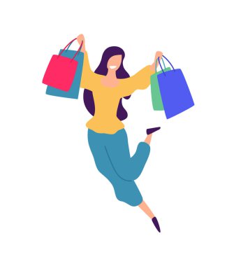 Alışveriş ile bir kız Illustration. Vektör. Pozitif düz illüstrasyon karikatür tarzı. İndirimler ve satış. Alışverişkoliğin alışveriş. Online satış. Alıcının malların.