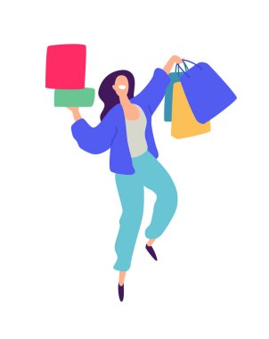 Alışveriş ile bir kız Illustration. Vektör. Pozitif düz illüstrasyon karikatür tarzı. İndirimler ve satış. Alışverişkoliğin alışveriş. Online satış. Alıcının malların.