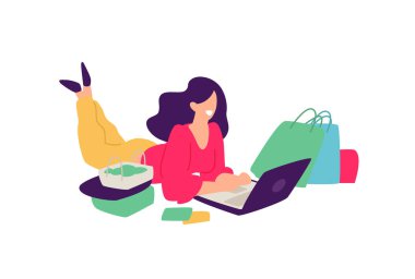 Alışveriş ile bir kız Illustration. Vektör. Pozitif düz illüstrasyon karikatür tarzı. İndirimler ve satış. Alışverişkoliğin alışveriş. Kız online iletişim kurar. Internet üzerinden eğitim Webinar.