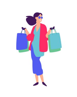 Alışveriş ile bir kız Illustration. Vektör. Pozitif düz illüstrasyon karikatür tarzı. İndirimler ve satış. Alışverişkoliğin alışveriş. Online satış. Alıcı mal. Sihir Bayan.
