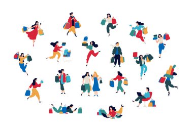 İnsanlar satın almalarla Illustration. Vektör. Kadın ve erkek şeyler aldım. İndirimler ve satış perakende şebekelerinde. Düz çizgi film tarzı. 