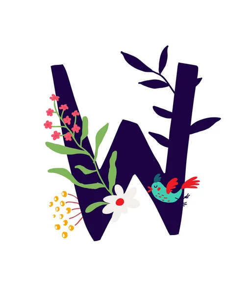 식물과 꽃 편지 W의 그림. 벡터입니다. 배너, 인사말 카드에 대 한의 모노 그램 꽃다발과 식물, 식물 표본 집의 구성입니다. 만화 스타일입니다. 여름 및 봄 이미지입니다. 옷 패턴. — 스톡 벡터