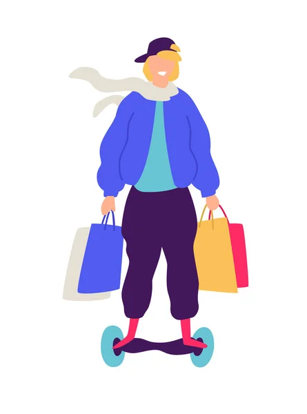 Ilustración de un tipo en un scooter con compras. Vector. Ilustración plana positiva en estilo de dibujos animados. Descuentos y ventas. Feliz compras adictas a las compras. Una imagen de un hipster exitoso . — Vector de stock