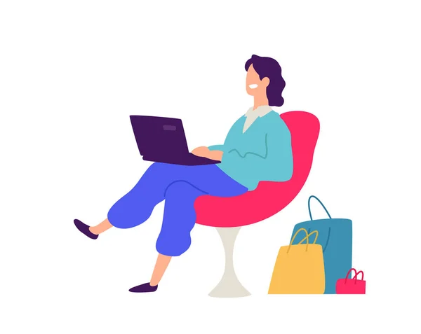 Illustratie van een man in een stoel met winkelen. Vector. Positieve platte illustratie in cartoon stijl. Kortingen en sales. Shopaholic winkelen. Jonge man met een laptop maakt een aankoop. — Stockvector