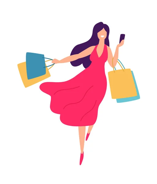 Illustration of a girl with shopping. Vector. Positive flat illustration in cartoon style. Discounts and sales. Shopaholic shopping. Online sales. Purchaser of goods.