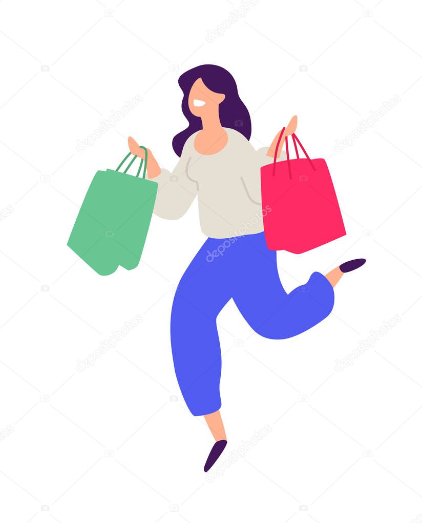 Illustration of a girl with shopping. Vector. Positive flat illustration in cartoon style. Discounts and sales. Shopaholic shopping. Online sales. Purchaser of goods.