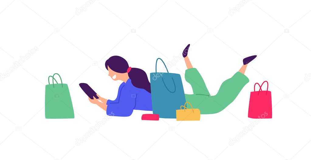Illustration of a girl with shopping. Vector. Positive flat illustration in cartoon style. Discounts and sales. Shopaholic shopping. The girl communicates online. Webinar, training via the Internet.