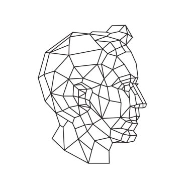 Bir adamın kafasının düşük poli illüstrasyon. Vektör. Anahat çizimi. Retro tarzı. Arka plan, sembol, iç amblem. İş metaforu.