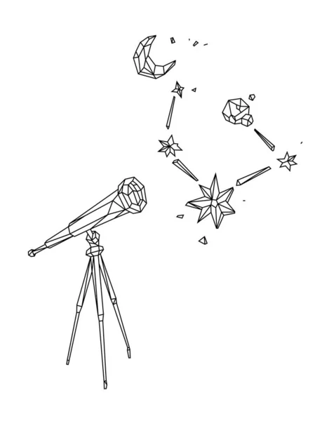 望远镜对星空和月亮的低聚图 大纲绘图 复古风格 内部标志 商业隐喻 — 图库矢量图片