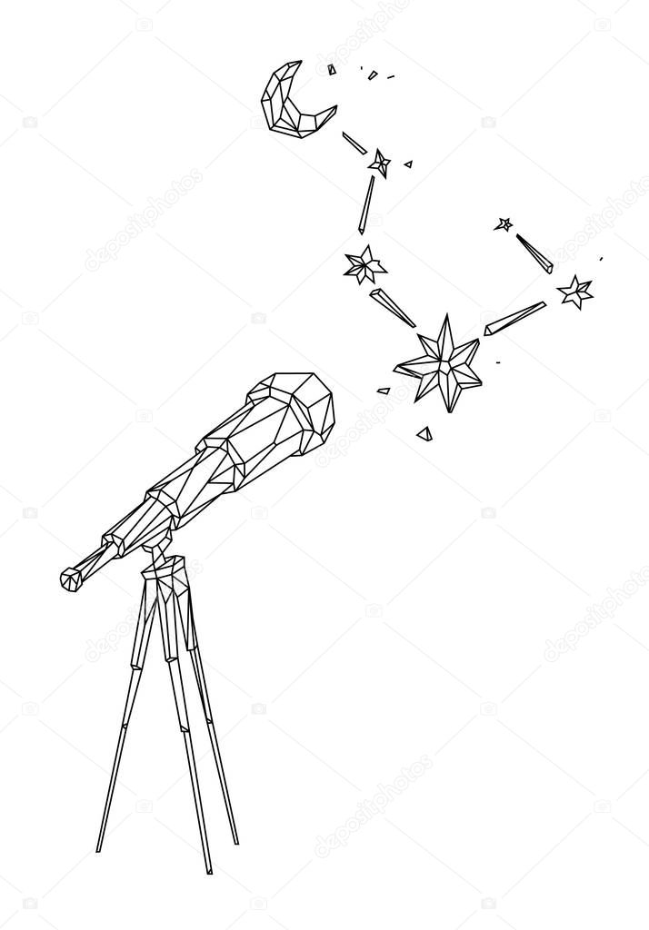 Low poly illustration of a telescope against a starry sky and the moon. Vector. Outline drawing. Retro style. Background, symbol, emblem for the interior. Business metaphor.