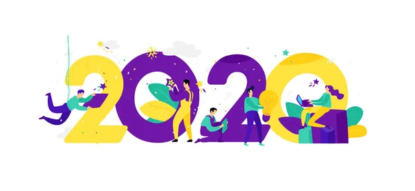 Illustration for the New Year 2020. Vector. People work around numbers. Businessmen celebrate Christmas. Employees in the office are going to celebrate. Flat style. Illustration for the calendar and site. — Stock Vector