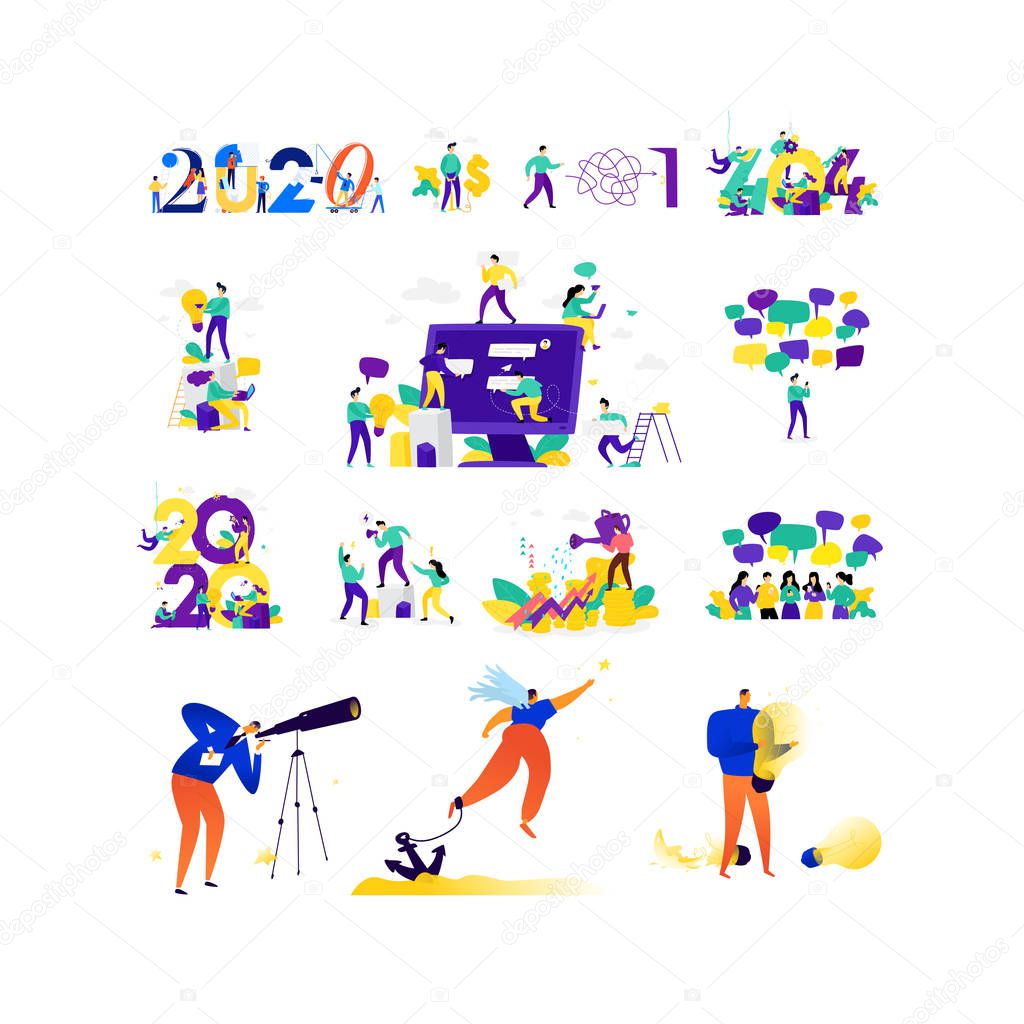 Illustrations on the topic of business. Vector. Metaphoric situations in business. Communication, finance, communication, social networks. 2020 new year.