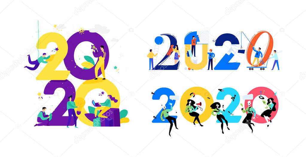 Illustrations for the new year 2020. Vector. People work around numbers. Businessmen celebrate Christmas. Advertisers in going to celebrate. Flat style. Illustrations for the calendar and site.