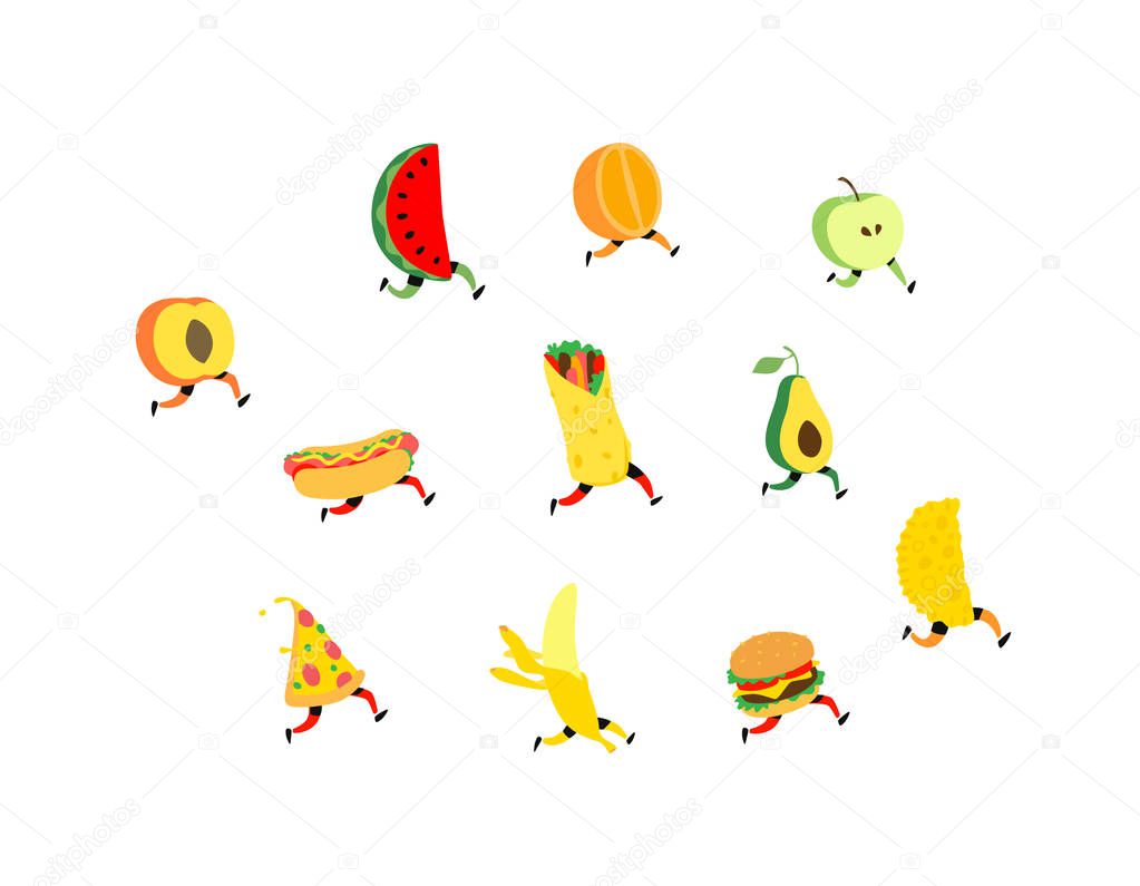 Illustration of fruit and fast food. Vector. Characters hamburger, pizza, hot dog, shawarma. Cute apple, avacado, watermelon, banana, orange peaches with feet. Lively organic foods. Items for the menu.