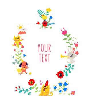 Çizilmiş hayvanlar ve çiçek elemanları. Vektör. Hayvanlar çiçekler arasında oynar. Çocuk karikatür, Doodle tarzı. Anaokulu veya kulüp için Illustration. Yaz, bahar ve pozitif ruh hali.