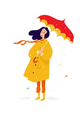 Sarı bir yağmurluk içinde üzücü bir kız Illustration. Vektör. Yağmurlu havalarda şemsiye altında bir kadın üzücü ve üzücü. Depresyon ve Meloncholia. Yağmurlu sonbahar günü.