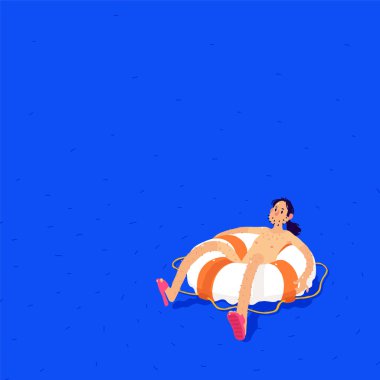 Okyanusta bir Lifebuoy çıplak bir adam Illustration. Vektör. İnsanları suya kurtar. Mavi deniz, yardıma ihtiyacı olan bir işadamı iflas etti. Metafor. Mizanpajlar için arka plan.