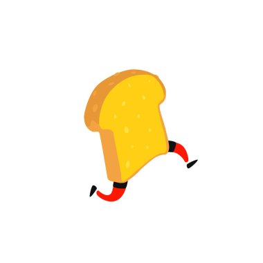 Çalışan bir tost makinesi Illustration. Bir parça ekmek çalıştırıyorsunuz. Vektör. Bacaklar ile gevrek karakter. Sitenin simgesi. Kayıt, mağaza için logo. Taze fırın ürünlerinin teslimi.