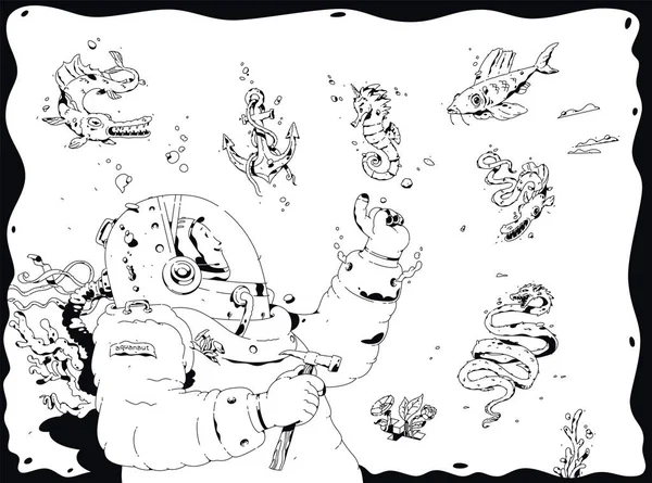 Illustrazione di un subacqueo, aquanaut. Vettore. L'esploratore delle profondità oceaniche circondato da abitanti marini. Outline cartone animato, in bianco e nero stile. Pesci incontrano scopritore scienziato . — Vettoriale Stock