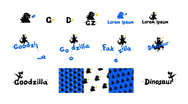 Логотипи динозаврів, драконів і ящірок. Вектор. Набір смішних етикеток з тваринами . — стоковий вектор