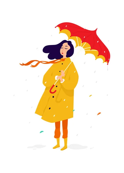 Illustration of a sad girl in a yellow raincoat. Vector. A woman under an umbrella in rainy weather is sad and sad. Depression and Meloncholia. Rainy autumn day. — Stock Vector