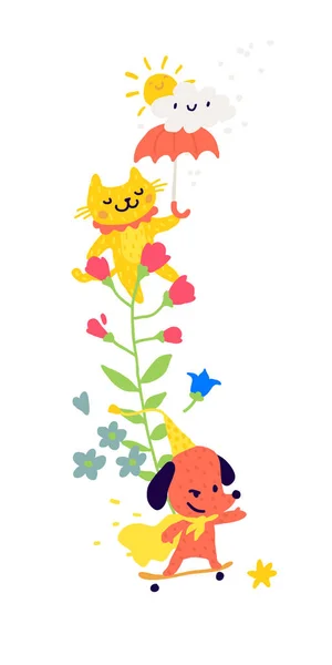 Ilustração de um gato com um guarda-chuva e cães em um skate. Vector. Animais entre as flores. Desenhos animados infantis, estilo doodle. Ilustração para jardim de infância ou clube. Instituições para crianças . — Vetor de Stock