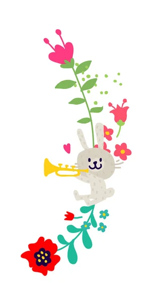 Ilustración de un conejo trompeta. Vector. Conejo en colores. Caricatura infantil, estilo garabato. Ilustración para postal o felicitaciones. Instituciones para niños . — Archivo Imágenes Vectoriales