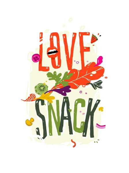 Ilustración con la inscripción love snack. Vector. Patrón de productos ecológicos. Imagen para un menú de bar de batidos o un café vegetariano. Estilo plano, todos los elementos están aislados . — Vector de stock