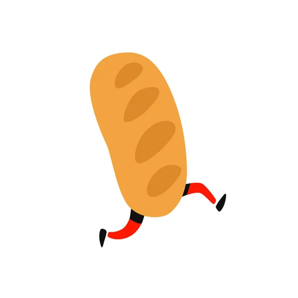 Illustration of a running character. Bread loaf. Vector. Running crispy long loaf with legs. Icon for the site. Sign, logo for the store. Delivery of fresh bakery products.