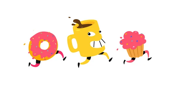 Illustration Rinnande Tilltugg Vektor Tecken Kopp Kaffe Donut Muffin Ikoner — Stock vektor