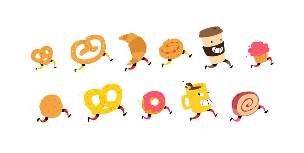 Ilustração Lanches Correndo Vector Copo Personagens Café Croissant Pão Outros — Vetor de Stock