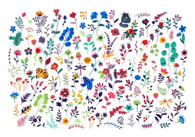 Büyük çiçek deseni seti. Vektör. Bir çiçekçi dükkanı için dekoratif çiçek elemanları. Bitkilerden halı. Botanik ve çiçekçilik. Kumaş için süs. Yaz ve bahar çim.