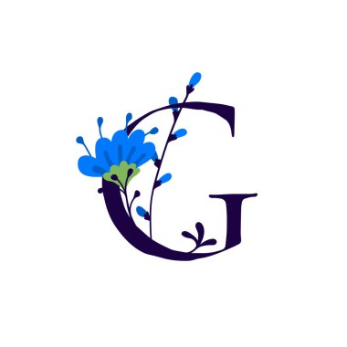 Çiçeklerde ve bitkilerde Latince G harfi. Vektör. Yazıtlar için dekoratif unsurlar içinde Mektup. Şirket logosu. Poster veya monogram.