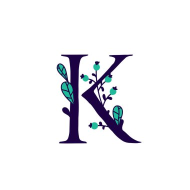 Çiçeklerde ve bitkilerde Latince K harfi. Vektör. Yazıtlar için dekoratif unsurlar içinde Mektup. Şirket logosu. Poster veya monogram.
