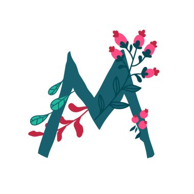 Çiçeklerde ve bitkilerde Latince M harfi. Vektör. Dekoratif unsurlarda mektup. Şirket logosu. Poster veya monogram.
