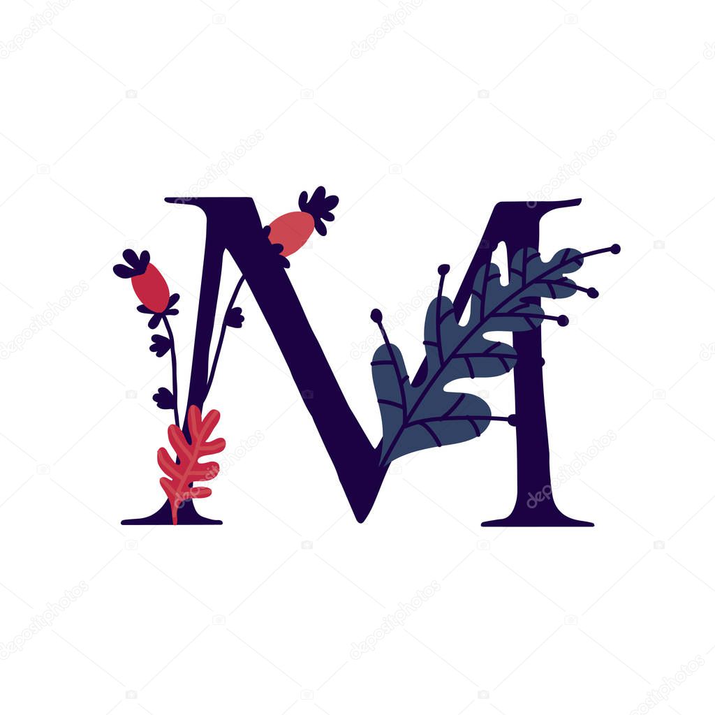 Latin letter M in flowers and plants. Vector. Letter in decorative elements for inscriptions. Company logo. Poster or monogram.
