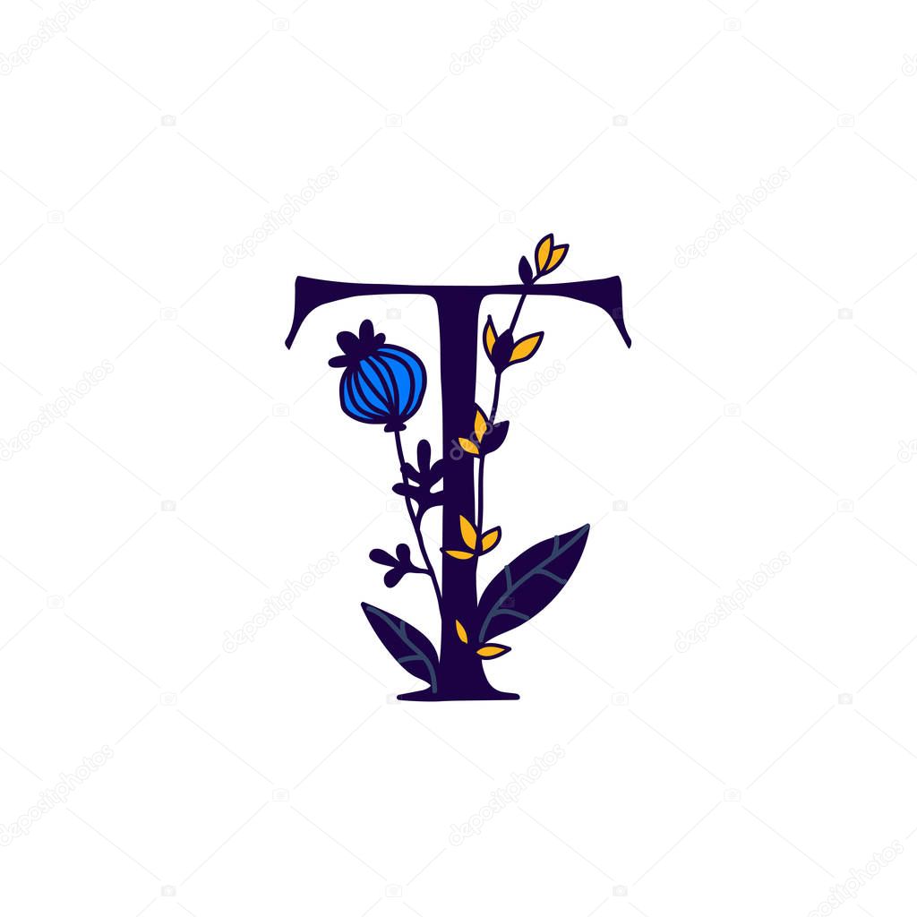 Latin letter T in flowers and plants. Vector. Letter in decorative elements for inscriptions. Company logo. Poster or monogram.