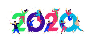 İllüstrasyon Yeni Yıl 2020. Vektör. İnsanlar tweet ve numaraları etrafında eğlenmek. Gençlik Noel'i kutlar. Ofisteki çalışanlar bunu kutlayacak. Düz stil. Takvim ve site için çizim.
